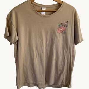 Tan Messy Buns Lazy Days T-Shirt with Butterfly and Flower Graphic Design Medium